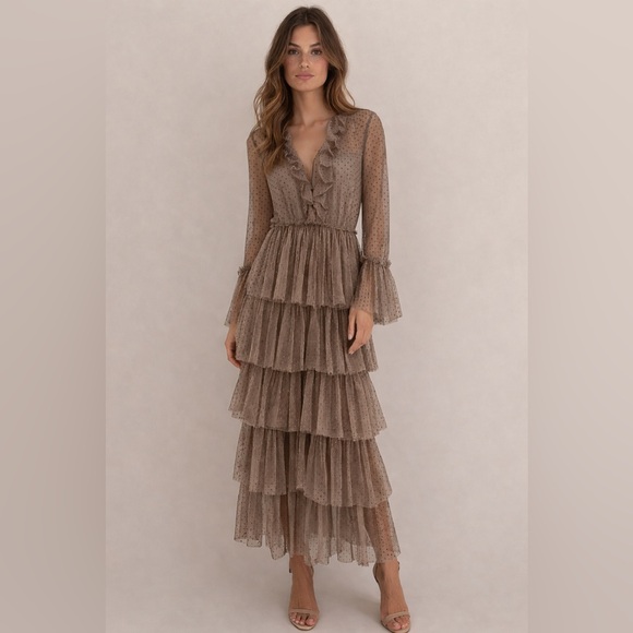 H&M Dresses & Skirts - Sandra Mansour x H&M Polka Dot Tulle Tiered Ruffle Midi Dress Sheer Sleeves XS